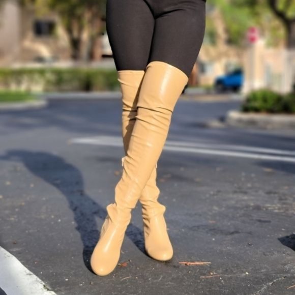 Women's Camel Thigh High Over the Knee Boots Chunky Heel - Picture 4 of 7
